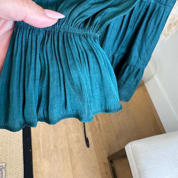 Boutique Forest Green Satin Long Ruffle Sleeve Tiered V- Neck Mini Dress - Picture 5 of 8